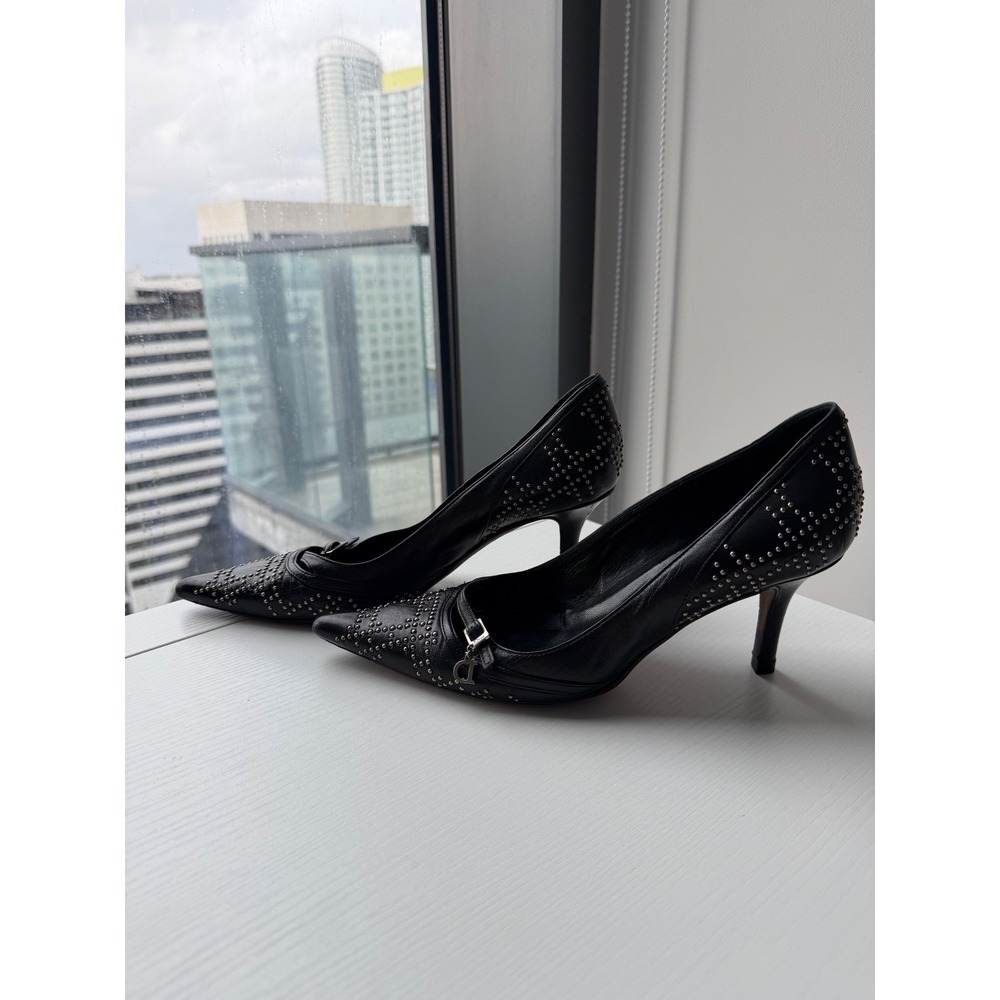 Christian Dior Black Leather Studded Pointed Toe Pumps Charm Heels Size 38 - Picture 3 of 16